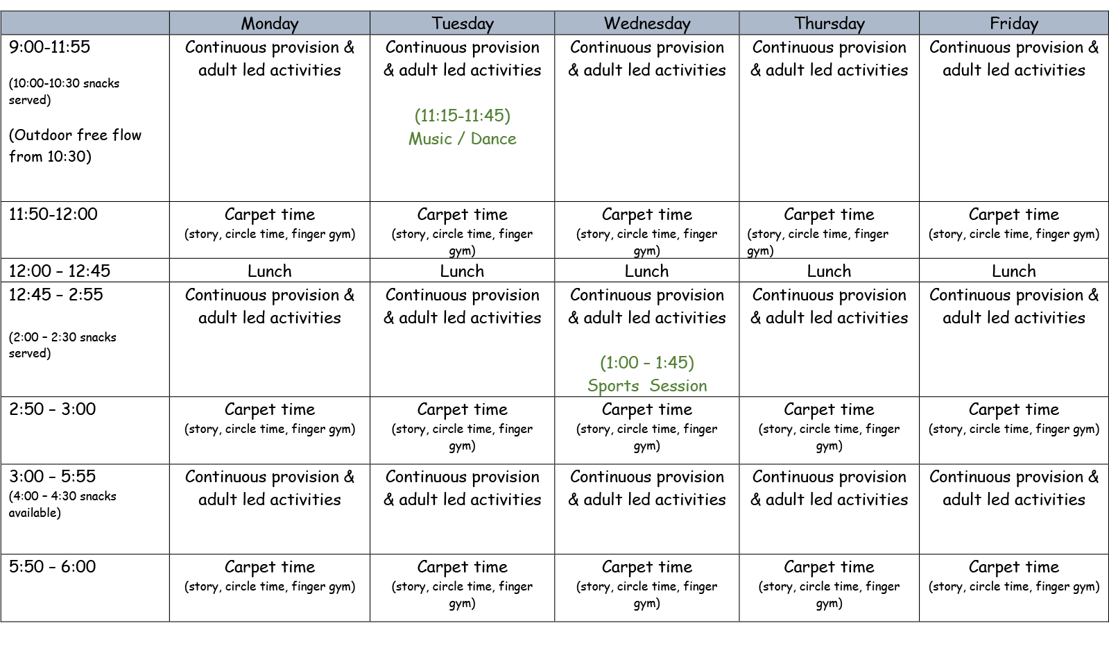 Blossiming Bees Timetable
